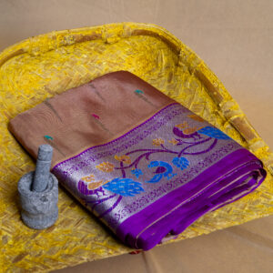Pure Venkatgiri Pattu Saree Chikoo Color With Magenta Meenakari Style Border