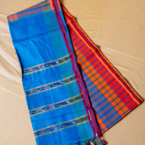 Orange and Sulphate blue Checks Mangalgiri Pattu Saree