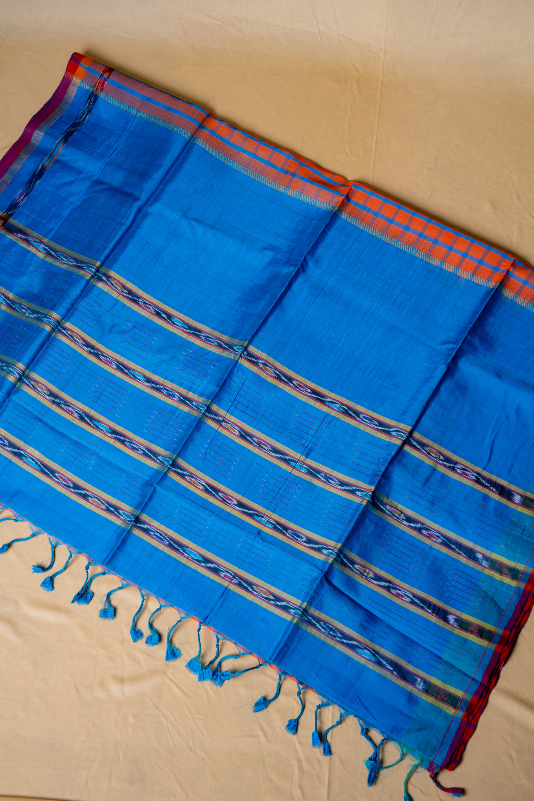 Orange and Sulphate blue Checks Mangalgiri Pattu Saree - Image 3